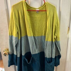 Color Block Open Front Cardigan Sweater - Yellow, Gray, Teal